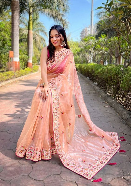 Peach Color Silver Tissue Silk Heavy Embroidery Saree For Beautiful Ceremonial Saree