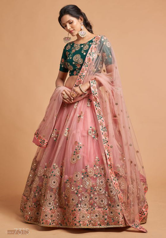 Peach and Green Women's Soft Net Embroidery Lehenga Choli