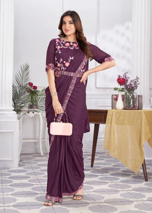 Wine Designer Sequance Embroidery & Hand Work Shimmer Georgette Saree