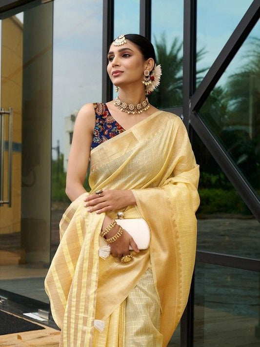 Yellow Khadi Striped Saree and Stitched Multi Blouse