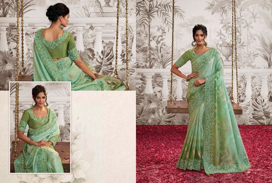 Sea Green Heavy Designer Embroidery Work Dola Viscose Silk Saree