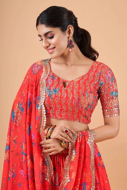 Digital Print Satin Silk Fabric Stitched Lehenga Choli With Jequared Blouse and Assami Silk Thread Work Dupatta For Women and Girls In Festive Party And Traditional Wear