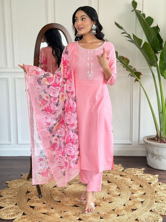 Women Embroidered Straight Kurta with Pant And Printed Dupatta Sets