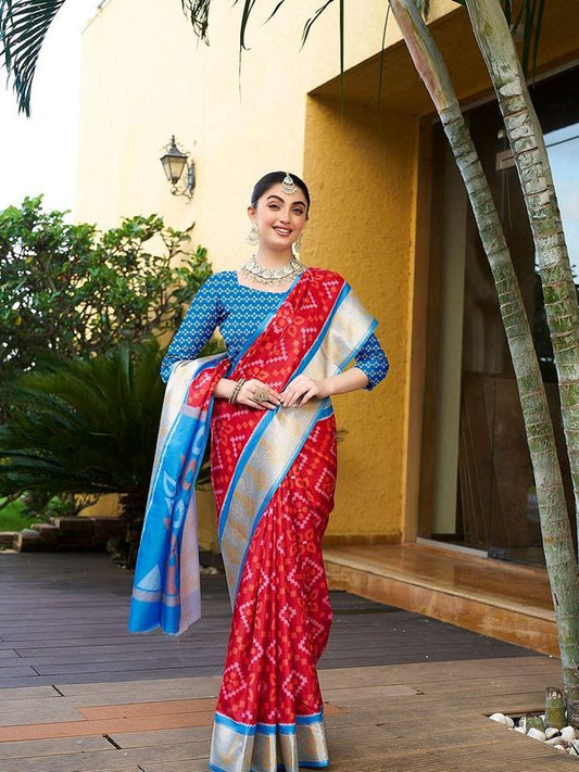 Red Color Trendy Crepe Saree With Woven Zari Patta And Designer Print Work