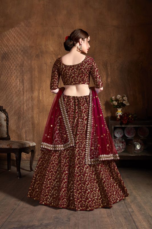 Maroon Women's Raw Silk Embroidery Lehenga Choli