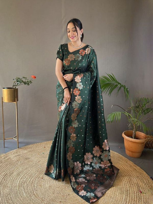 Green Weaving Jacquard Jari Designer Soft Silk Saree