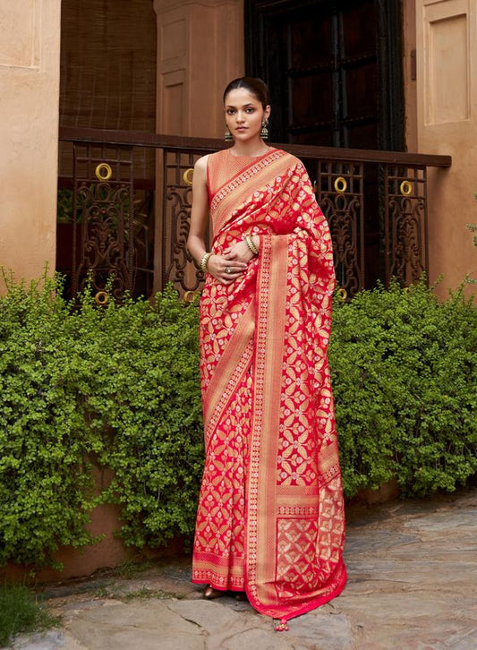 Red Wevon Brocade Designer Viscose Silk Saree