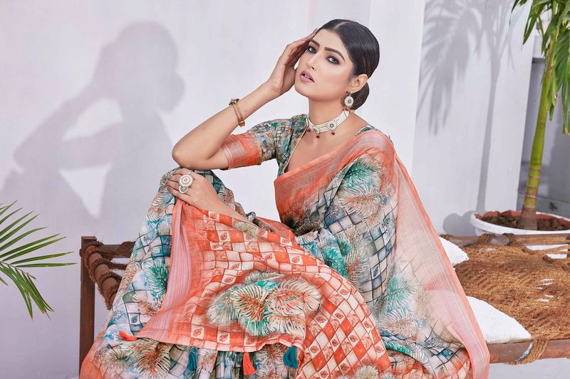 Green Digital Printed Designer Linen Blend Saree