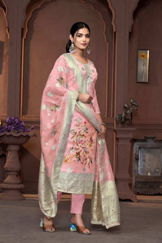 Peach Viscose Organza Wevon Designer With Printed And Hand Work Graceful Ethnic Wedding Wear Salwar Kameez