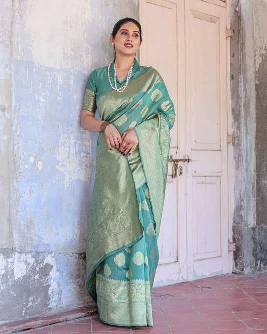 Sea Green Wevon Jari Designer Chanderi Silk Saree