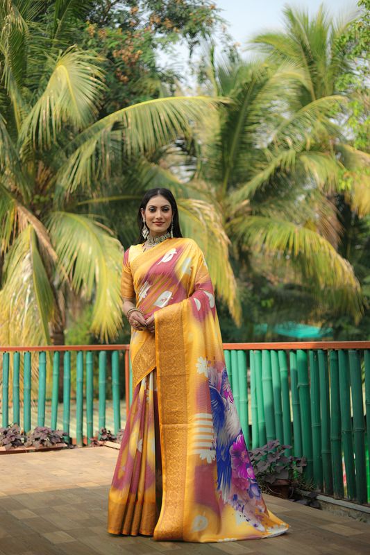 Yellow Wevon Designer & Flower Digital Printed Dola Silk Saree