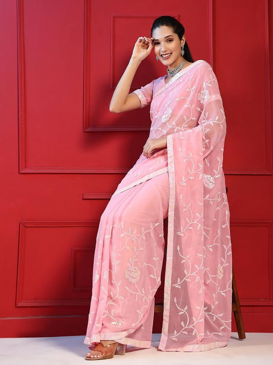 Pink Designer Sequance Embroidery Work Georgette Saree