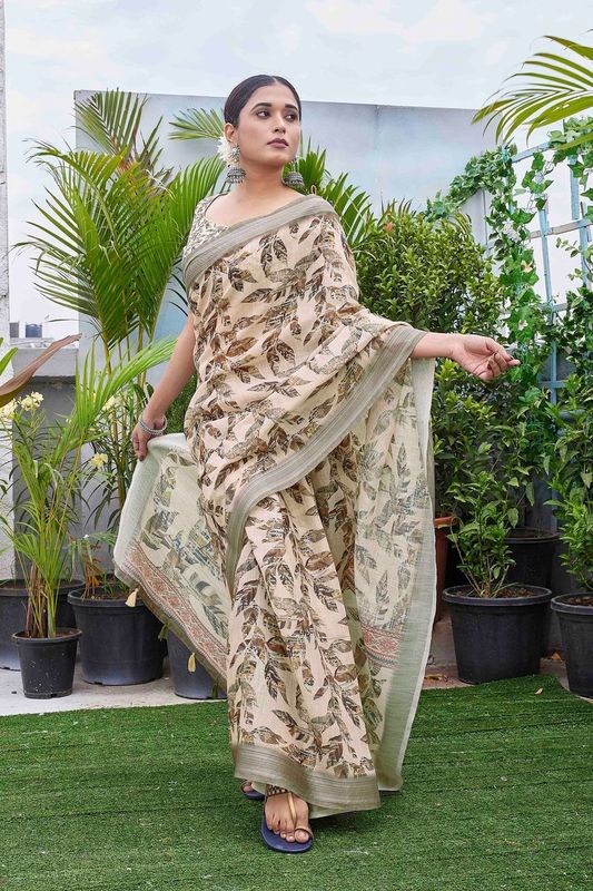 Cream Color Linen Blend Smart Ethnic Saree With Trendy Digital Print Work