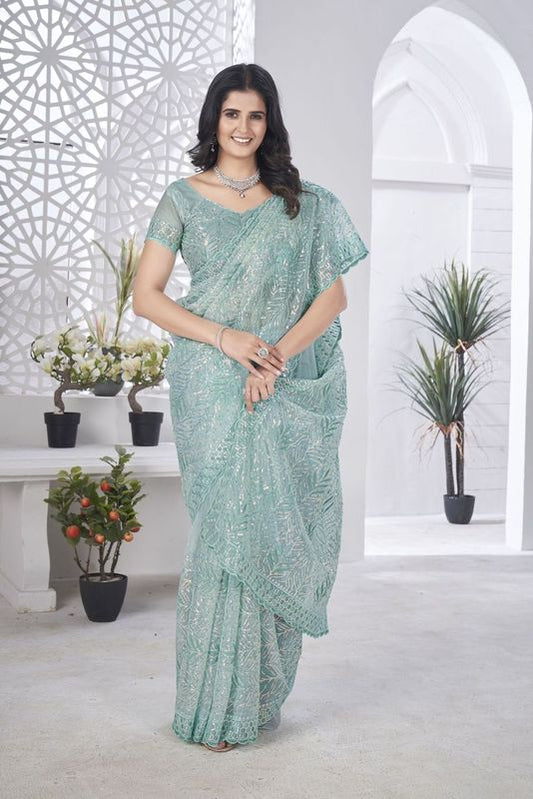 Sea Green Multy Thread & Sequance Embroidery Cut Work Tissue Net Saree