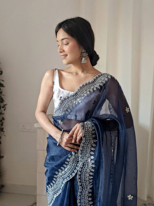 Blue Sequance Embroidery & Hand Work Organza Saree