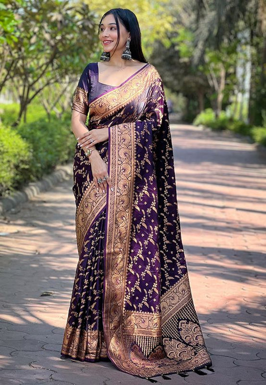 Purple Banarasi Silk Wevon Jari Designer Ethnic Partywear Ceremonial Saree For Trendy Looks