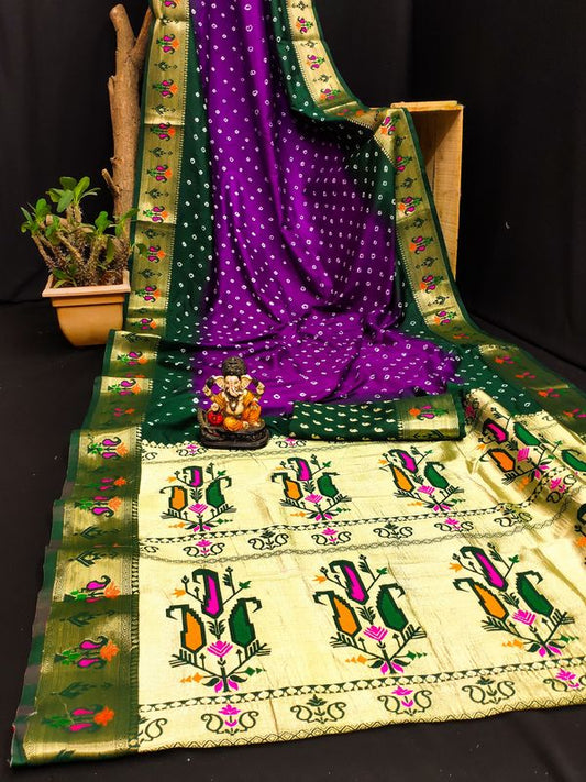 Purple Color Dola Silk Fabric Wevon Paithani Designer Saree With Traditional Bandhej Print