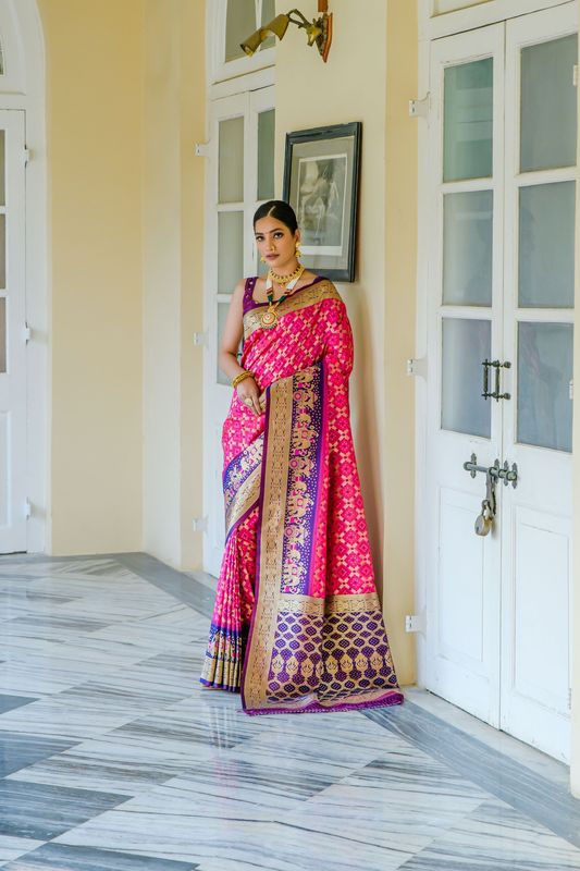 Pink Wevon Bandhani Designer Banarasi Silk Saree