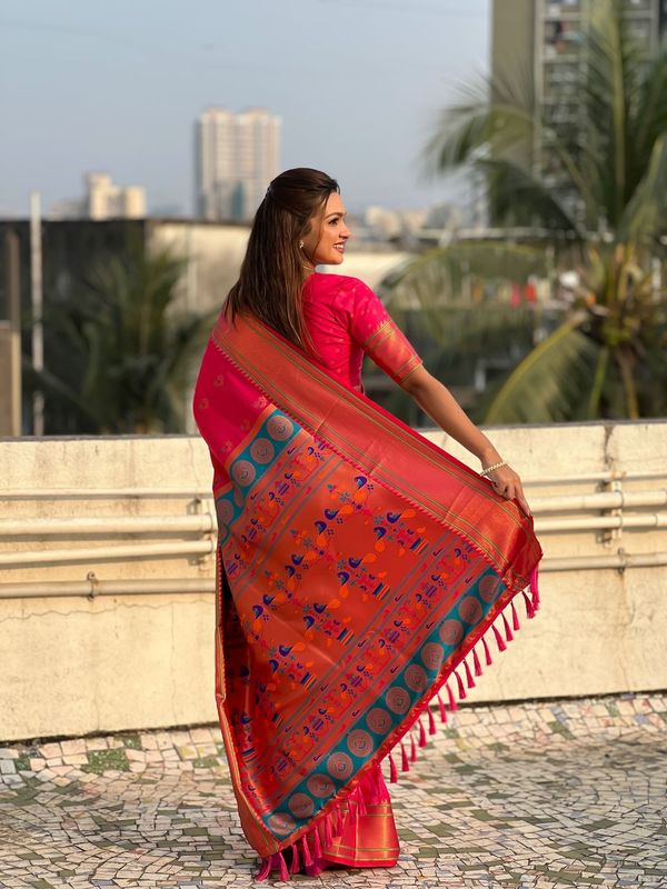 Pink Wevon Nath Meenakari Designer Soft Silk Saree