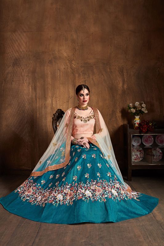 Teal Blue Women's Raw Silk Embroidery Lehenga Choli