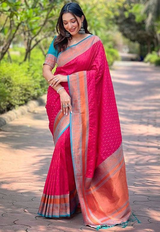 Pink Color Wevon Copper Butti Designer Soft Silk Ethnic Saree