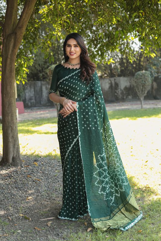 Green Wevon Jari Pallu Designer & Bandhej Printed Silk Saree