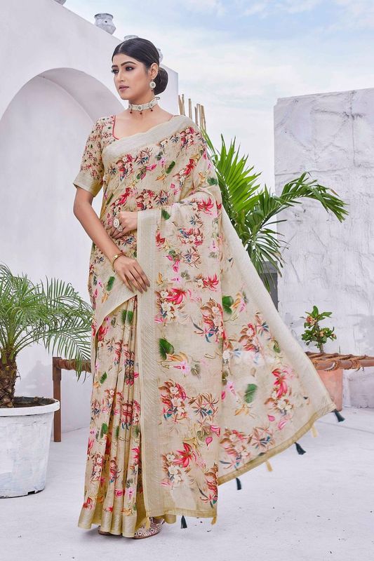 Beige Digital Printed Designer Linen Blend Saree