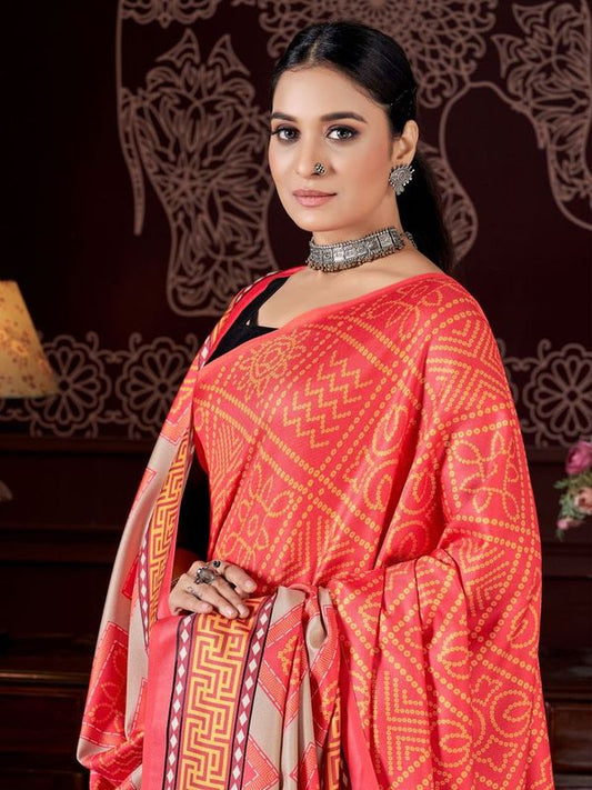 Orange Color Beautiful Designer Digital Printed Pashmina Saree With Shawl