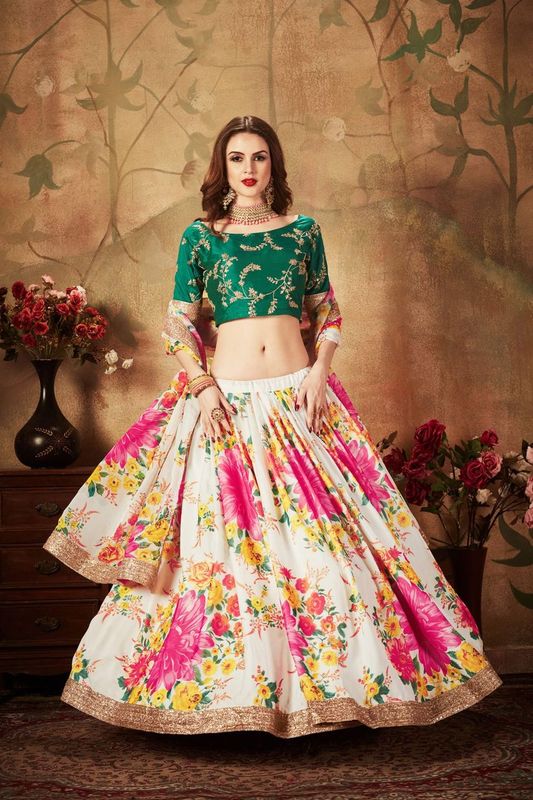 Off-White and Green Women's Organza Embroidery Lehenga Choli