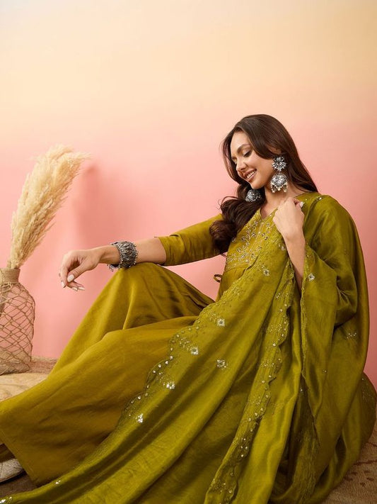 Green Color Beautiful Woven Silk Readymade Suit with Festive Thread Embroidery Work