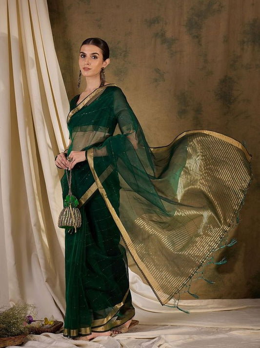 Green Wevon Jari Pallu Border Designer & Sequance Lining Work Organza Silk Saree