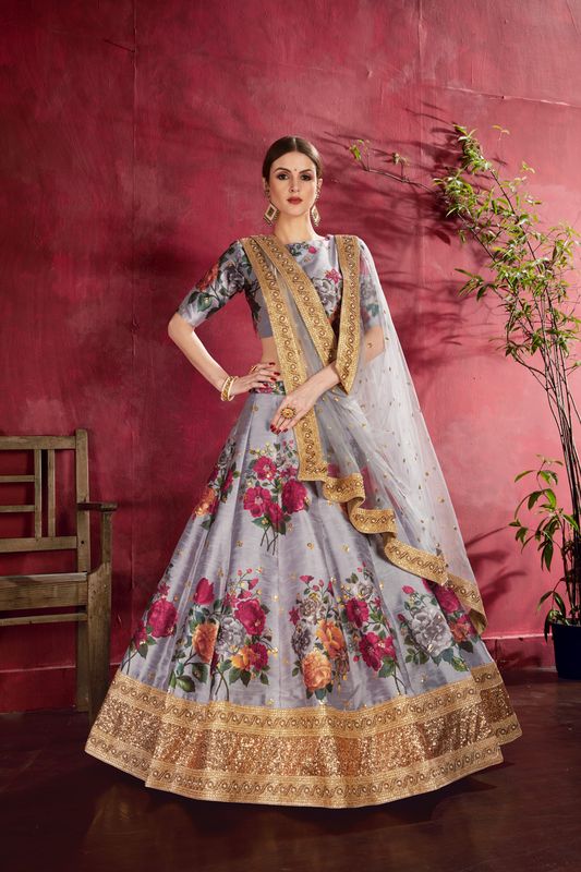 Grey Women's Heavy Banglori Silk Embroidery Lehenga Choli