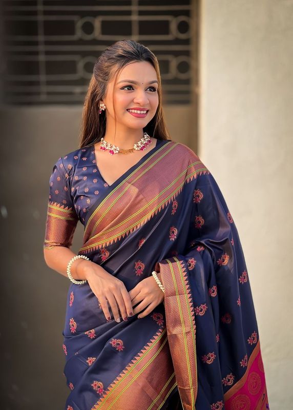 Navy Blue Color Soft  Silk Fabric Graceful Wevon Nath Meenakari Designer Saree