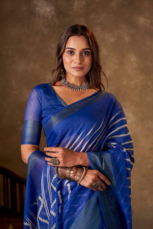 Blue Cotton Leheriya Saree and Stitched Blue Blouse