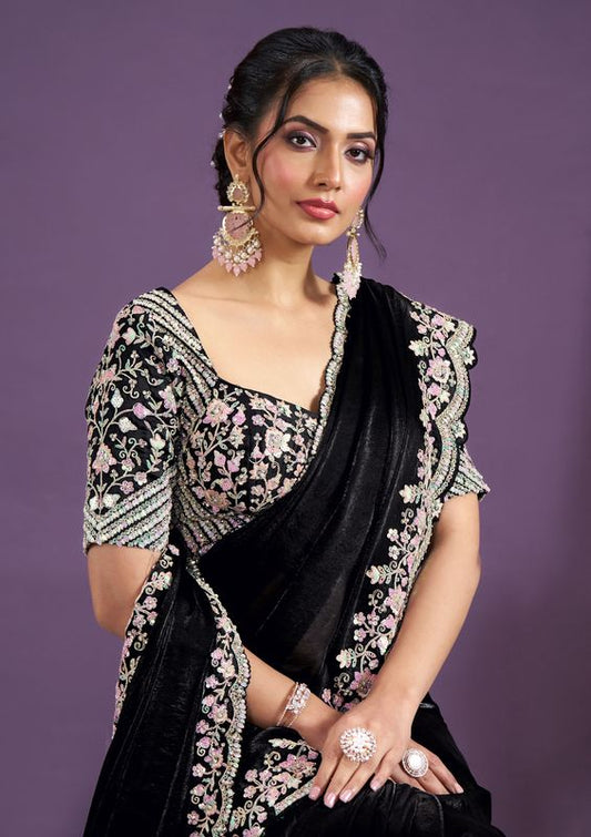 Black Heavy Sequence Embroidery & Hand Work Two Tone Satin Silk Saree