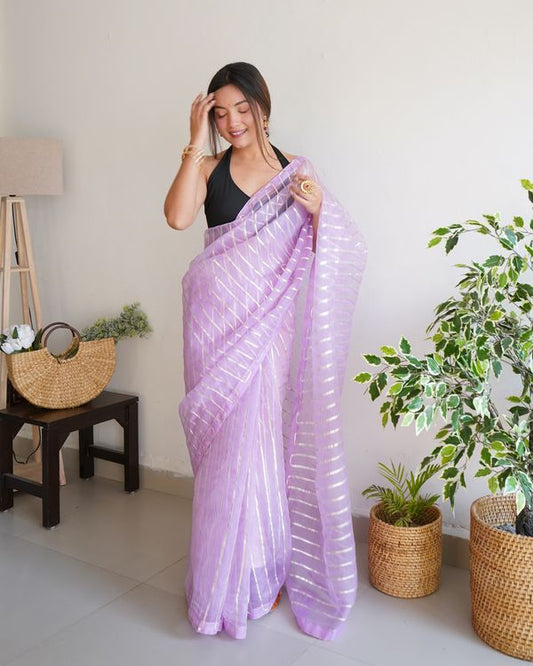 Lavender Silver Gota Embroidery Work Organza Saree