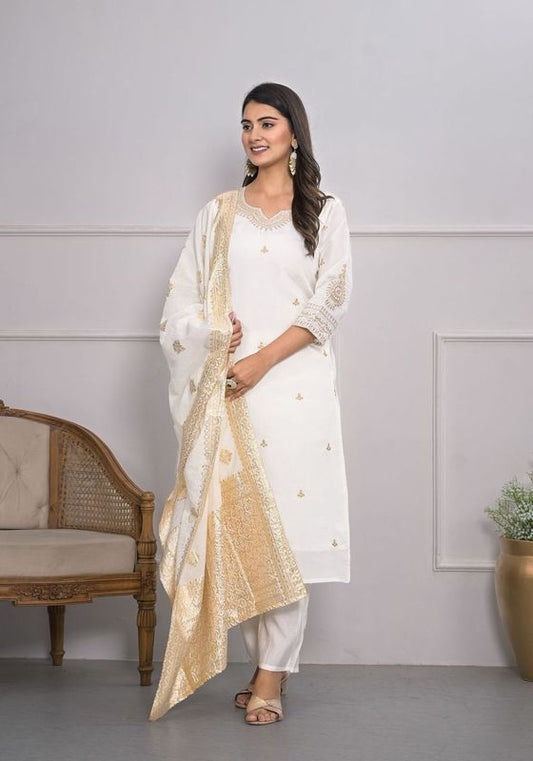 White Color Viscoce Silk Fabric Designer Embroidery Work Salwar Kameez For Ceremonial Looks