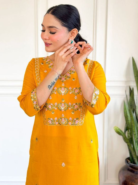 Women Embroidered Straight Kurta with Pant And Printed Dupatta Sets