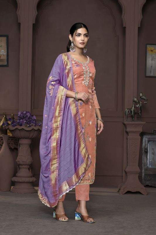 Rust Banarasi Organza Designer Printed With Hand Work Heavy Looks Traditional Salwar Suit For Indian Girls