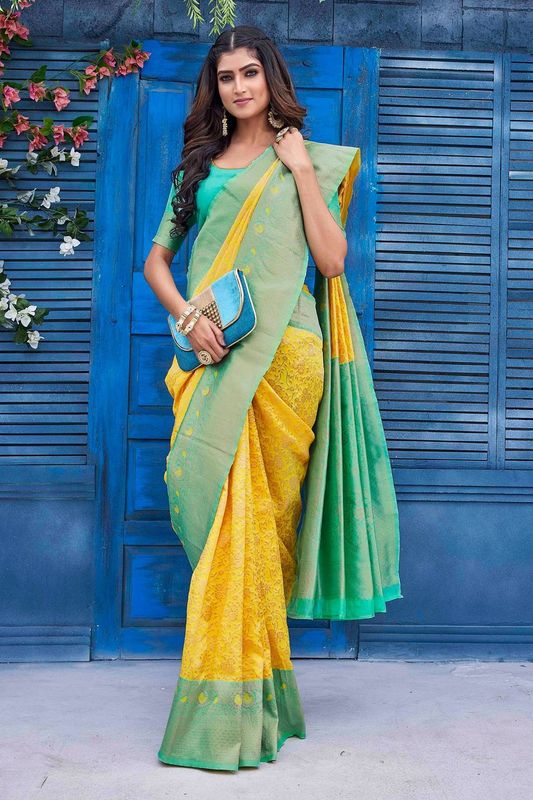 Yellow Color Glamorous Wevon Jacquard Designer Silk Blend Wedding Season Saree