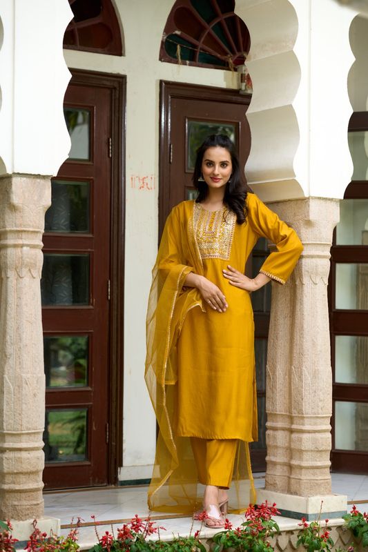 Yellow Chanderi Straight Kurta