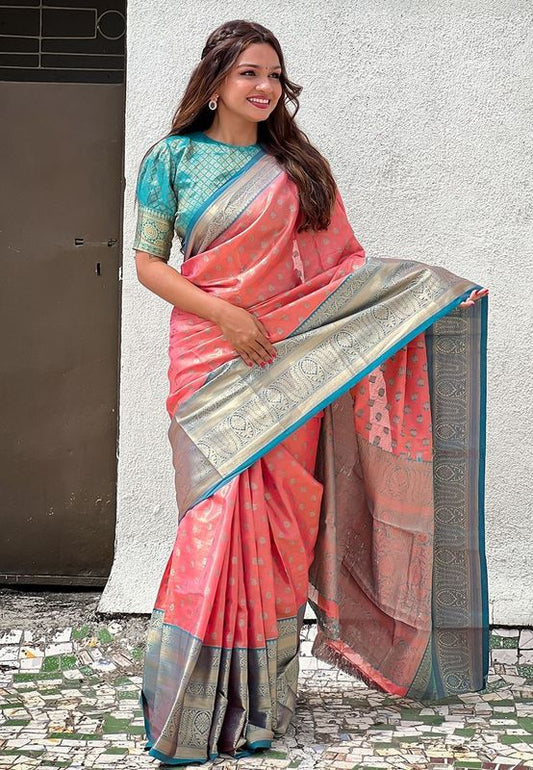 Rust Color Tissue Silk Traditionally Rich Wevon Jari Designer Saree