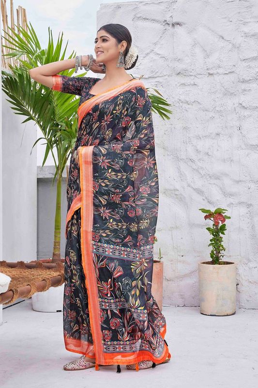 Black Color Linen Blend Smart Ethnic Saree With Trendy Digital Print Work