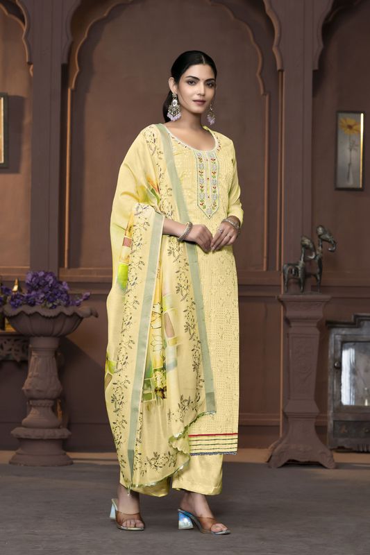 Yellow Modal  Designer Printed With Hand Work Heavy Looks Traditional Salwar Suit For Indian Girls