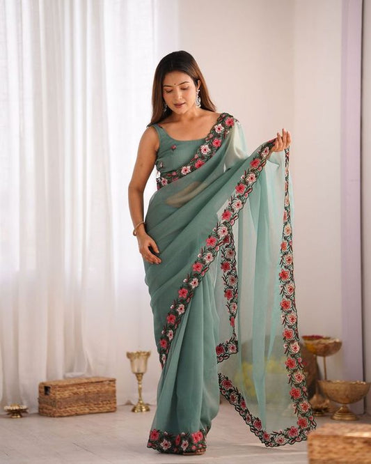 Green Multy Thread Embroidery Work Gold Crush Saree