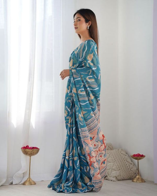 Teal Designer Digital Printed & Mirror Cut Work Chinon Saree