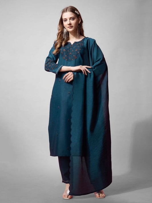 Teal Blue Color Cotton Blend Readymade Dress With Designer Embroidery Work