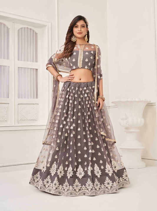 Space Grey Color Net Fabric Lahenga With Sequins And Thread Embroidery Work