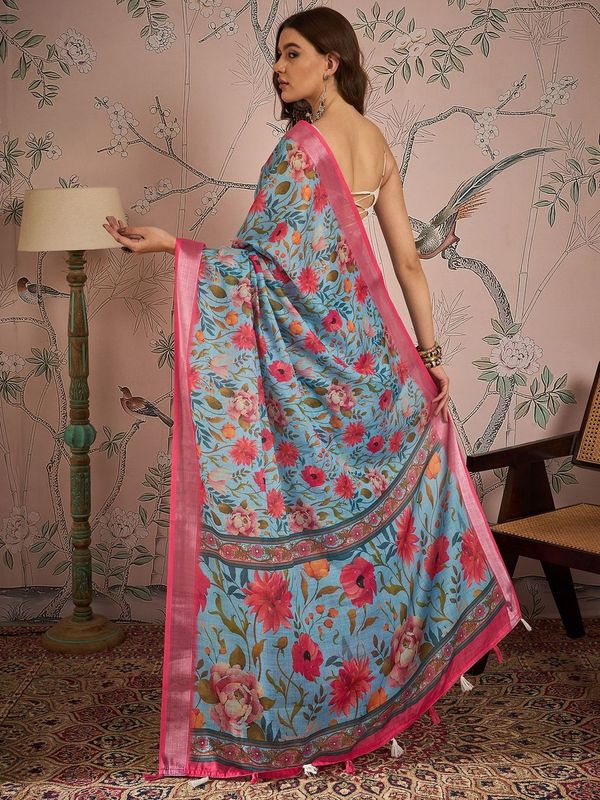 Sea Green Color Digital Printed Designer Linen Fabric Graceful Saree