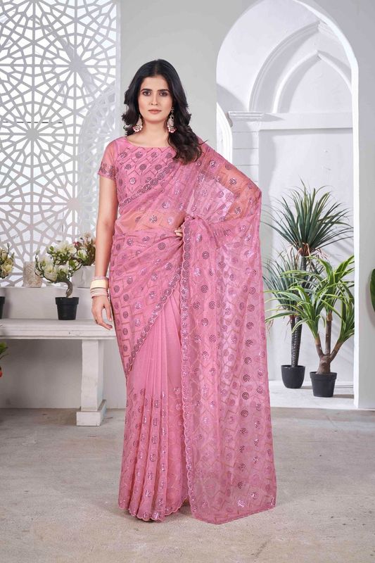 Pink Sequance & Thread & Pite Embroidery Work Tissue Net Saree